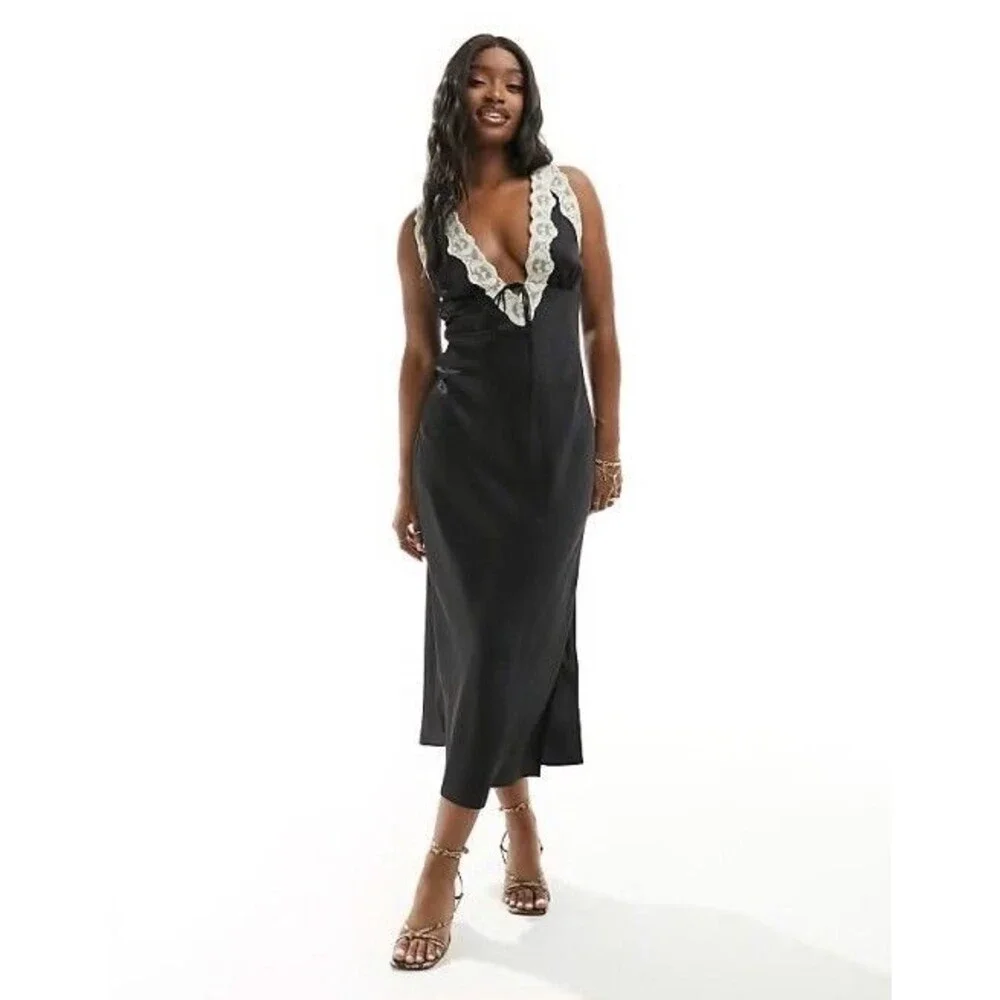 Abercrombie & Fitch Lace Trim Slip Midi dress, Black Sexy lingerie Size S